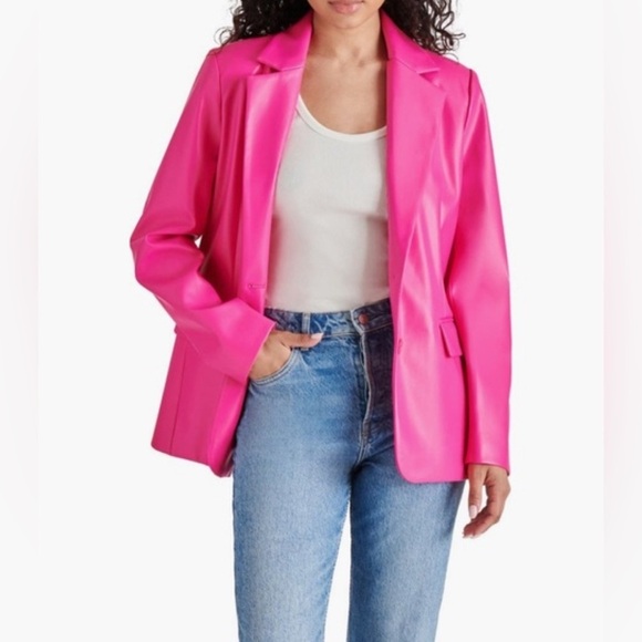 Steve Madden Faux Leather Bold & Bright Pink Blazer Jacket Medium Galentines - Picture 6 of 11